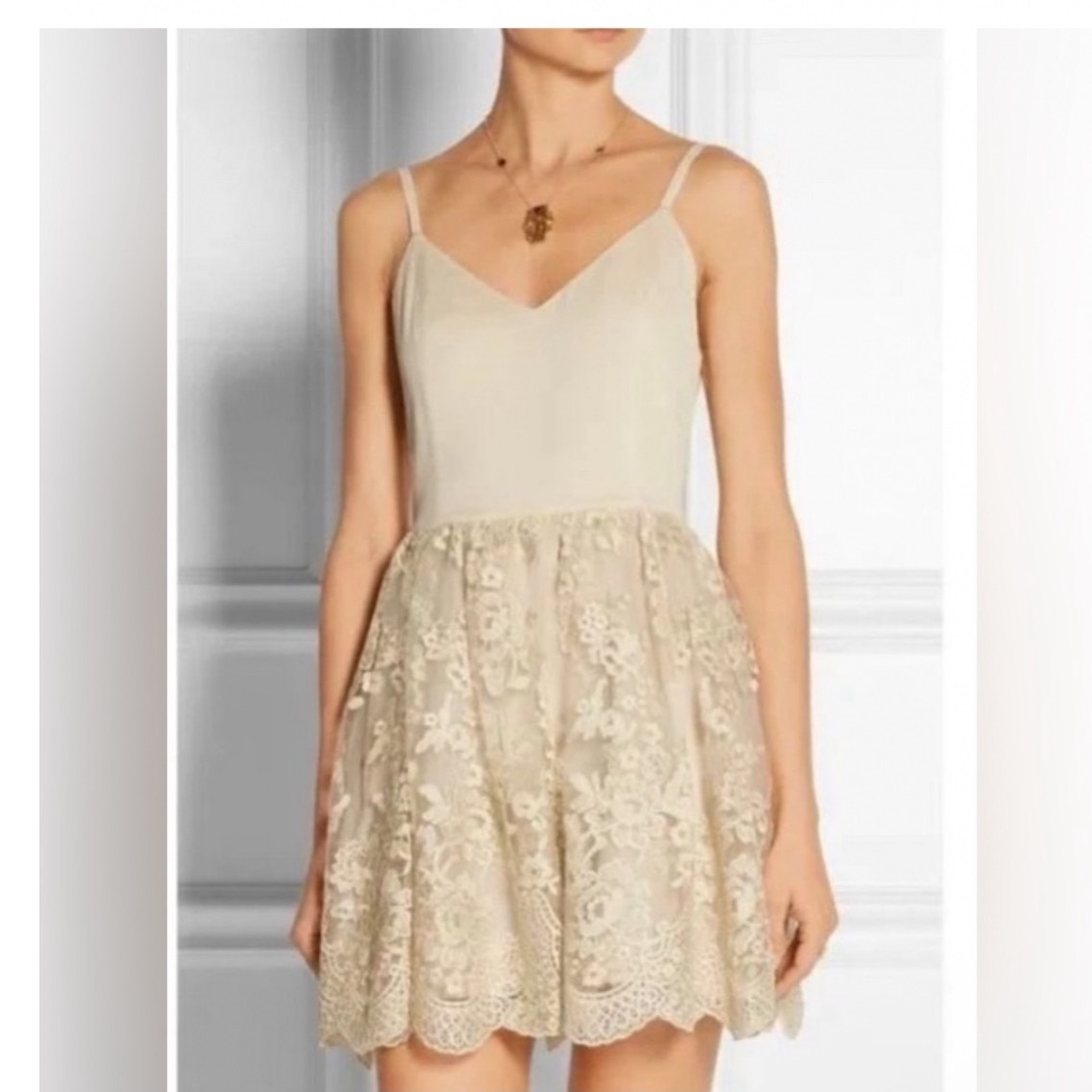 Alice+Olivia Juliane Ballerina Lace Dress Deep V Back Spaghetti Strap Cream Sz S